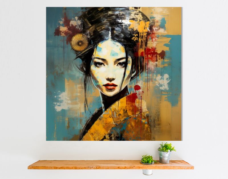 Geisha grace vintage elegance in steel blue and warm ocher