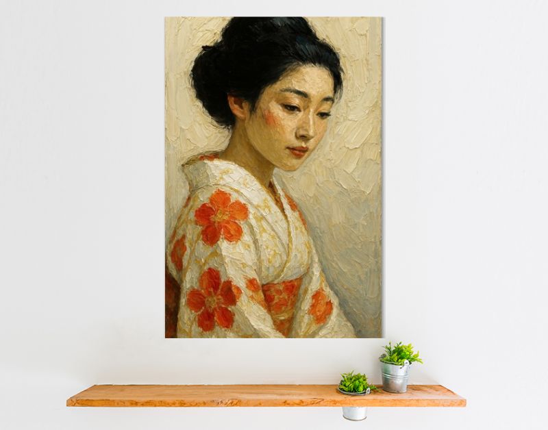 Japanse geisha in kimono met oranje bloemen