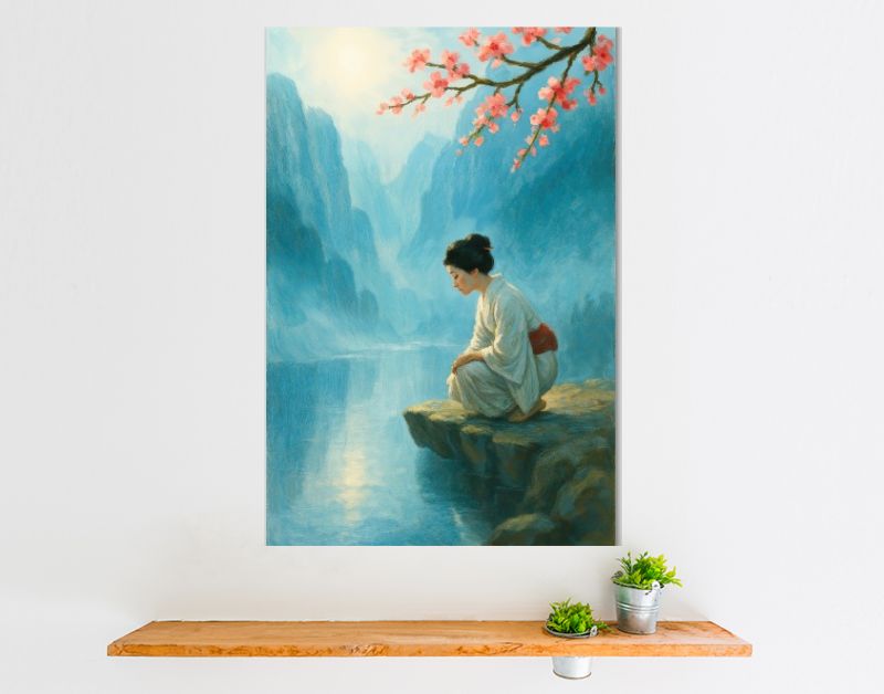 Japanse vrouw bij rivier met kersenbloesem