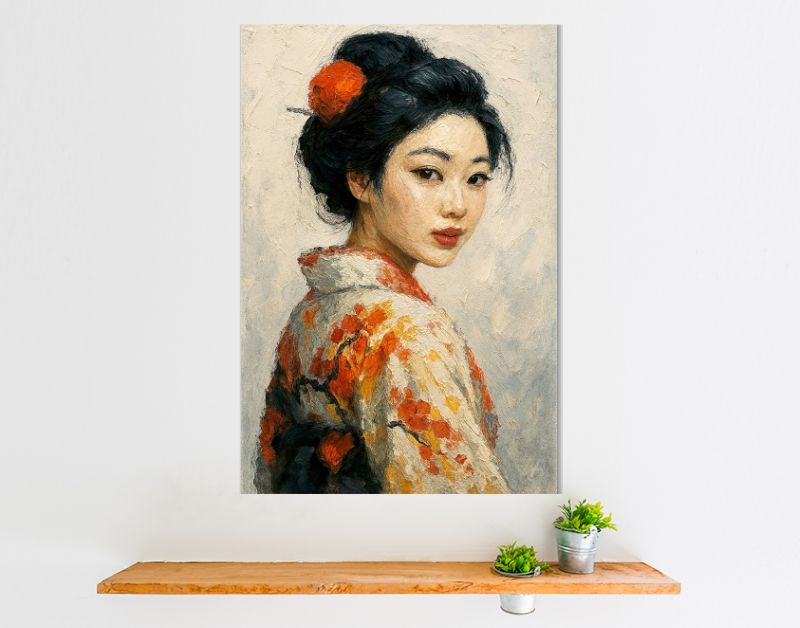 Portret van Japanse geisha in zijden kimono