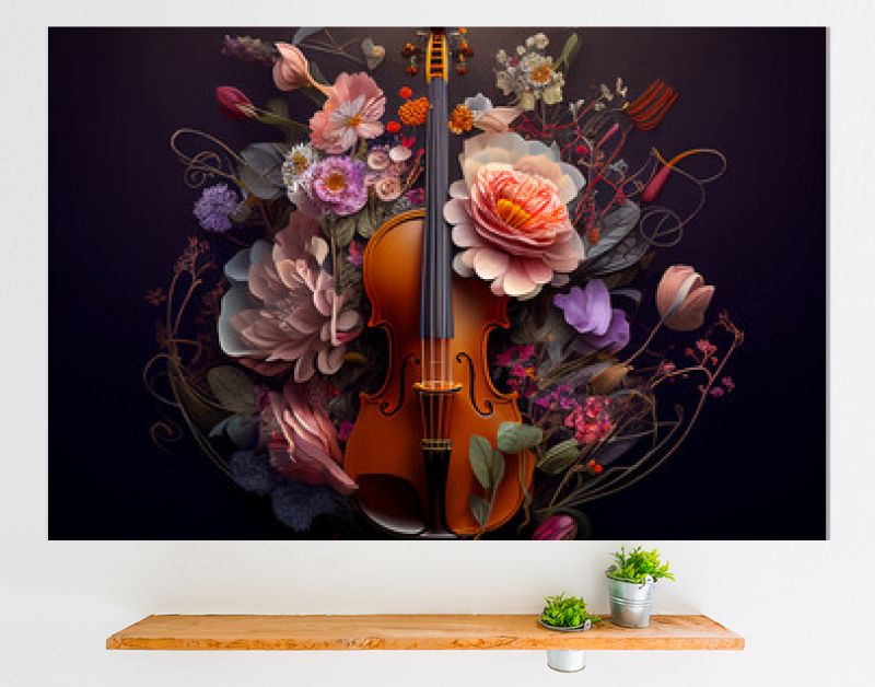 viool en bloemenkunst op de donkere achtergrond. Generatieve AI.