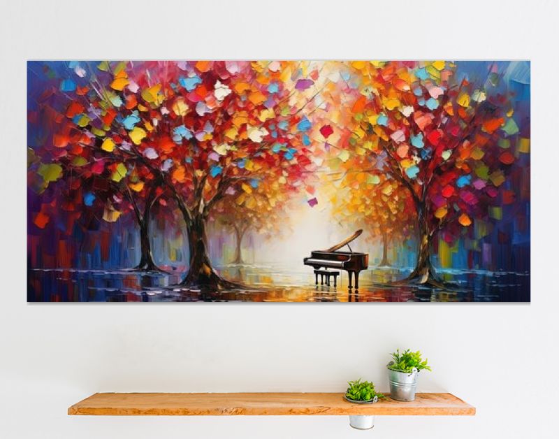 schilderstijl illustratie banner behang, herfstbos met kleurrijke bladeren, piano muziek spelen in park Generatieve Ai