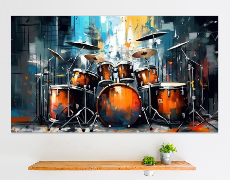 Generatieve AI, jazzmuziek straatkunst met drums muziekinstrument silhouet. Inkt kleurrijke graffitikunst op een gestructureerde muur, canvasachtergrond.	
