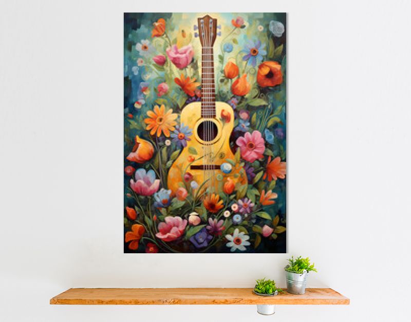 Gitaar met bloemen kleurrijke muur kunst muziek print wallpaper achtergrond - gitaar olieverfschilderij - muziekinstrument artwork