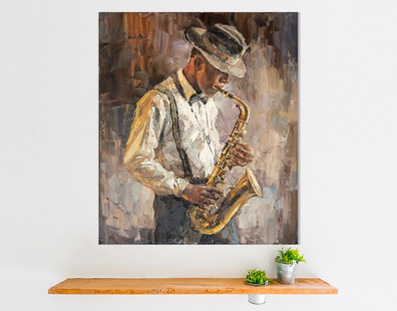 Stijlvolle jazzband die muziek speelt op het toneel, achtergrond is bruin. Paletmestechniek van olieverf en penseel. .De jazzman speelt de sexofoon.