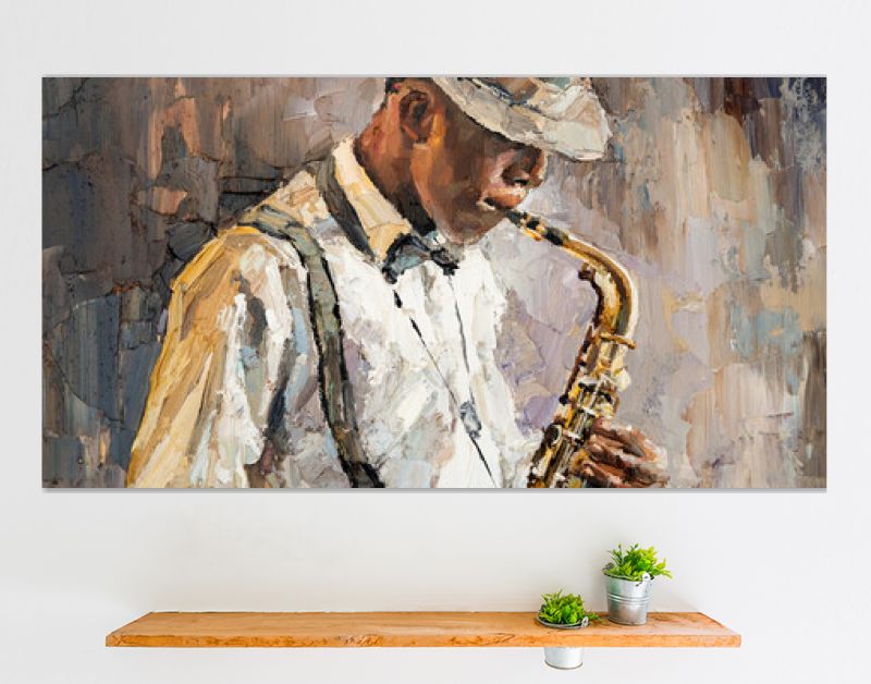 Stijlvolle jazzband die muziek speelt op het toneel, achtergrond is bruin. Close-up fragment van olieverfschilderij en penseel. .De jazzman speelt saxofoon.