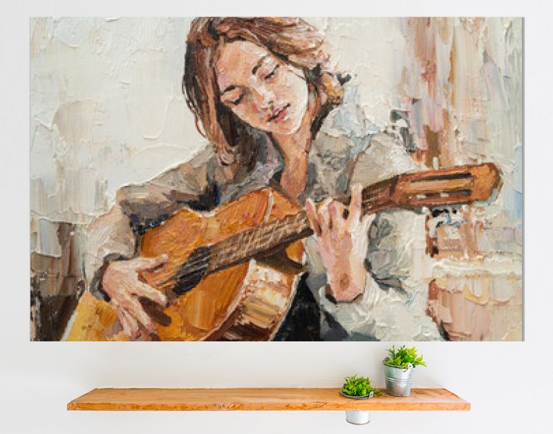 .Het meisje speelt gitaar. Muzieklessen. Olieverfschilderij op doek.