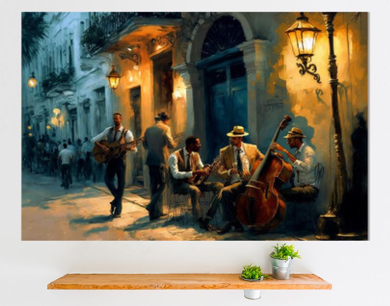jazzband Havana Street, olieverfschilderij. Generatieve AI