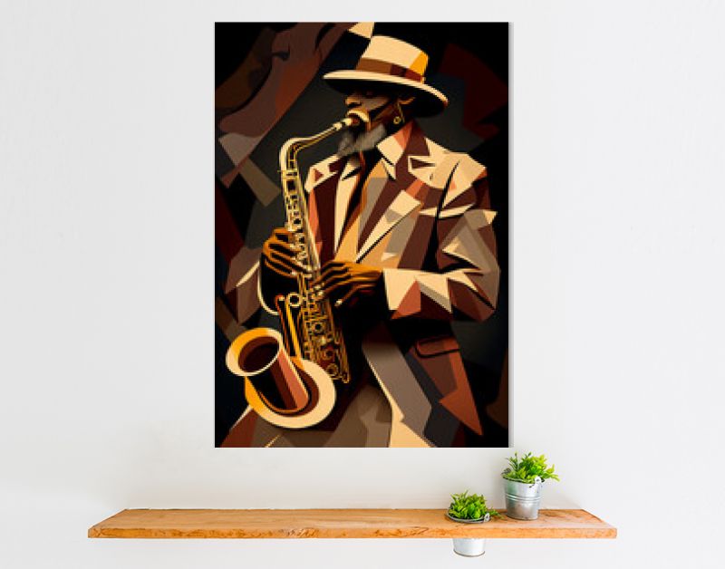 Afro-Amerikaanse mannelijke jazzmuzikant saxofonist die een saxofoon speelt in een abstract kubistisch stijlschilderij voor een poster of flyer, computer Generatieve AI stock illustratie