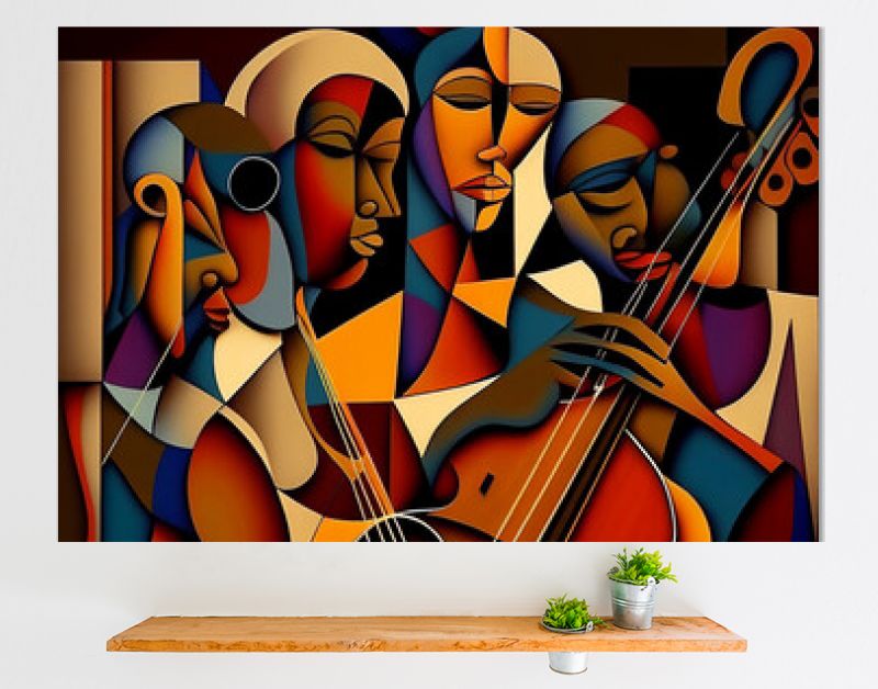 Afro-Amerikaans vrouwelijk en mannelijk klassiek musicusorkest dat een cello speelt in een abstract kubistisch stijlschilderij voor een muziekposter of flyer, computer Generative AI stock illustratie