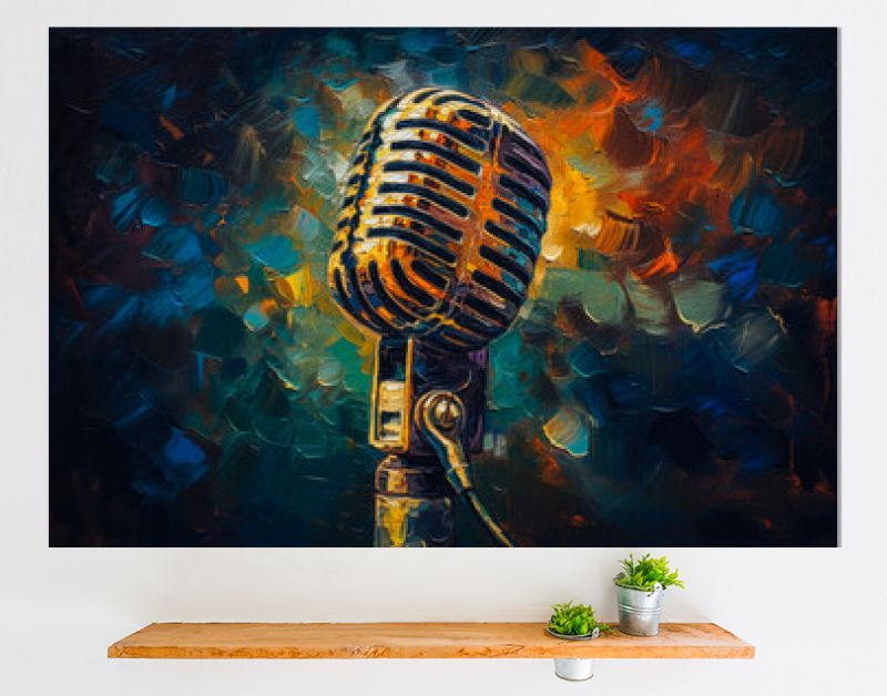 Levendige, met olie geschilderde microfoonillustratie die de essentie van muziek en creativiteit vastlegt. Gegenereerde AI