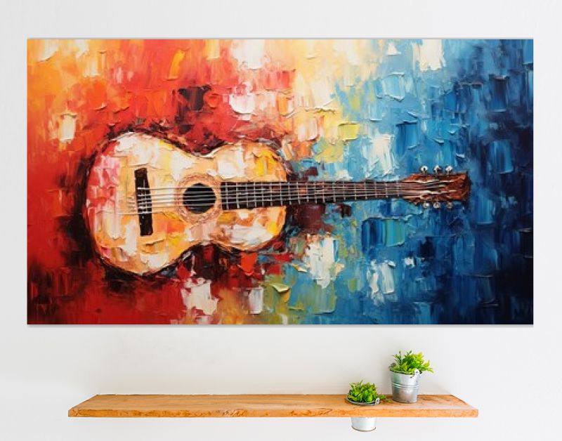 Getextureerd acrylschilderij van gitaar met paletmesstreken, bedoeld voor wanddecoratie, achtergronden, achtergrond, met aangewezen ruimte voor tekst.