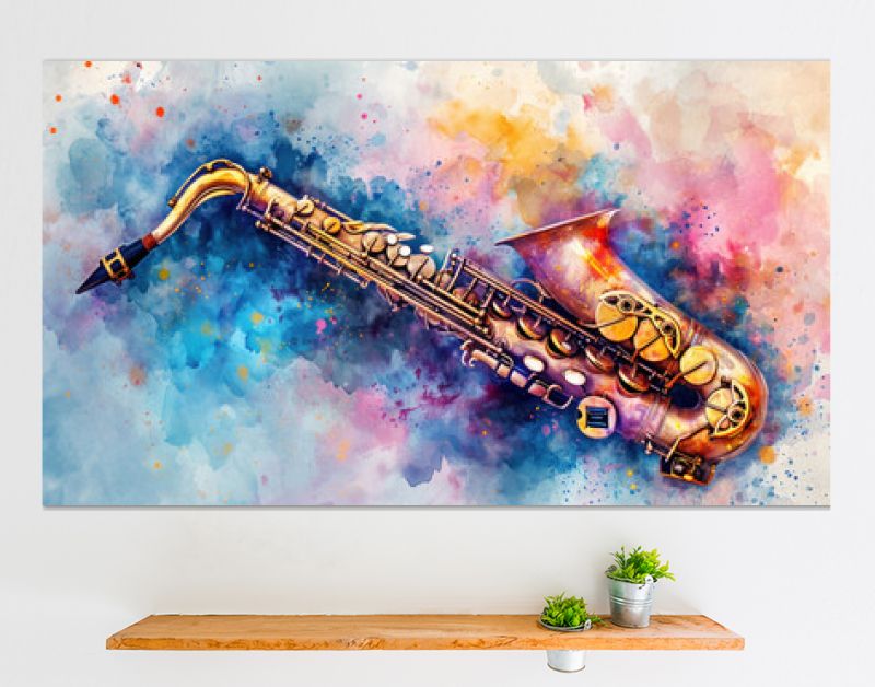 Saxofoon in aquarelmix die jazz op straat symboliseert.
