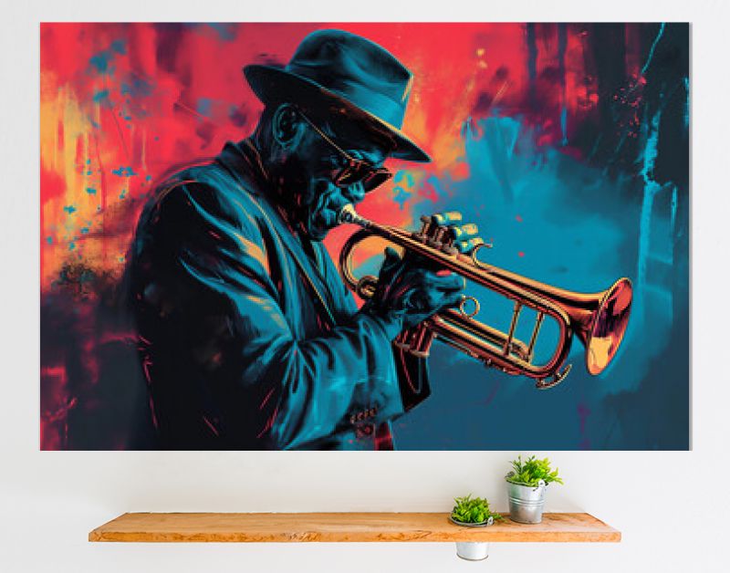Afro-Amerikaanse mannelijke trompettist-muzikant die een koperen trompet speelt in een abstract vintage noodlijdend muziekschilderij voor een poster of flyer, stock illustratie