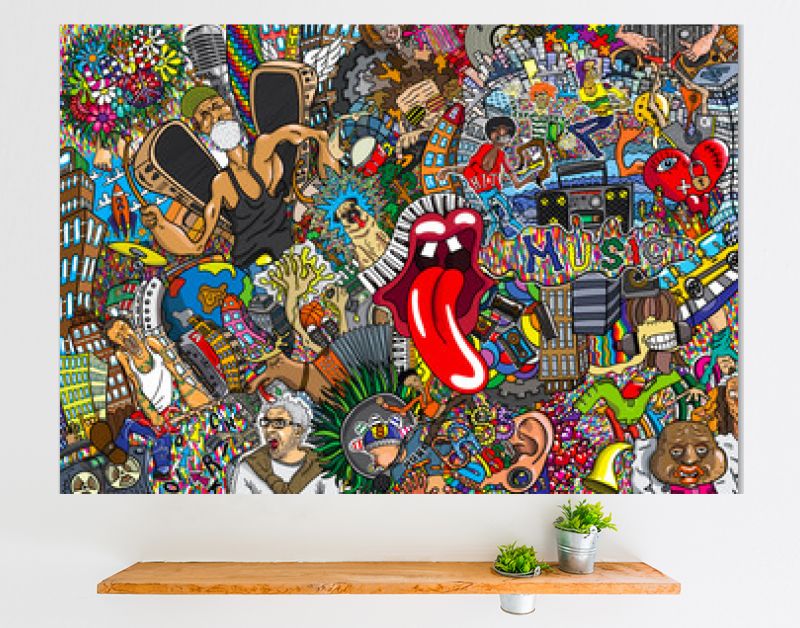Muziekcollage op een grote bakstenen muur, graffiti