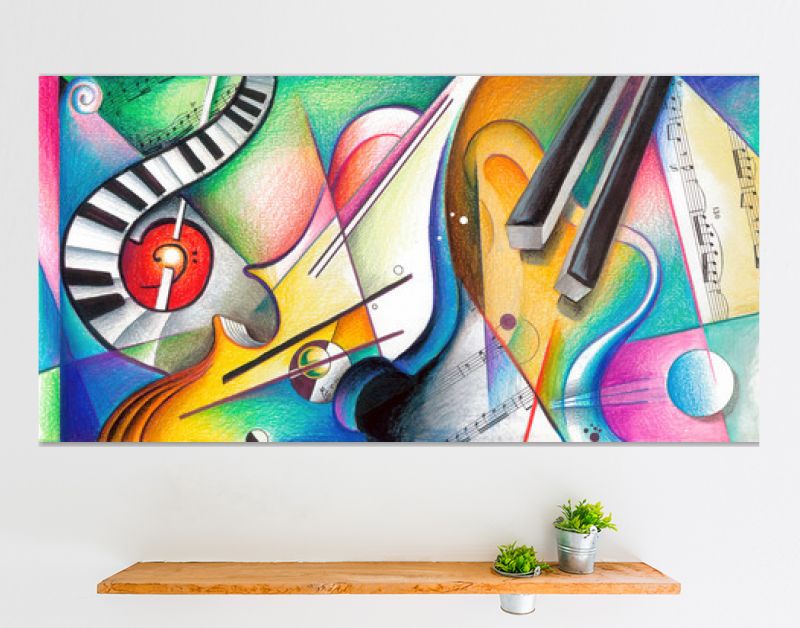 Muziek - Handgemaakte illustratie over muziek en muziekinstrumenten, kleurrijke tekening, muziekschilderij