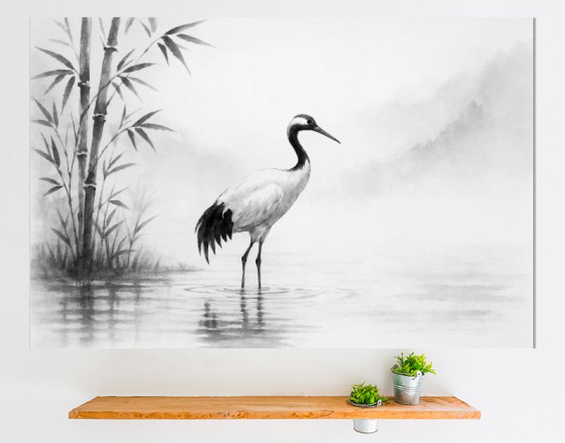 Kraanvogel aan de rivier in Japanse inkstijl