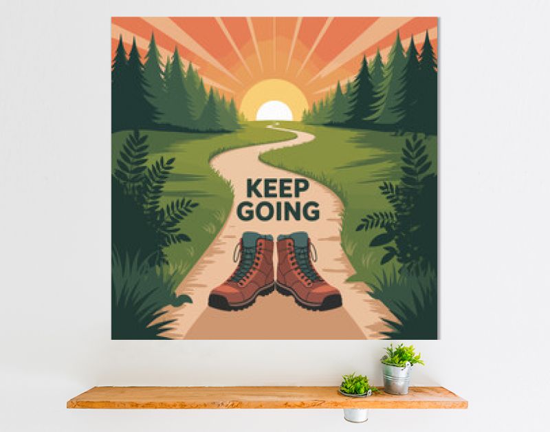 Inspirational motivational poster featuring hiking boots on a winding forest path under a vibrant sunrise promoting perseverance and encouraging quotes to keep going vector