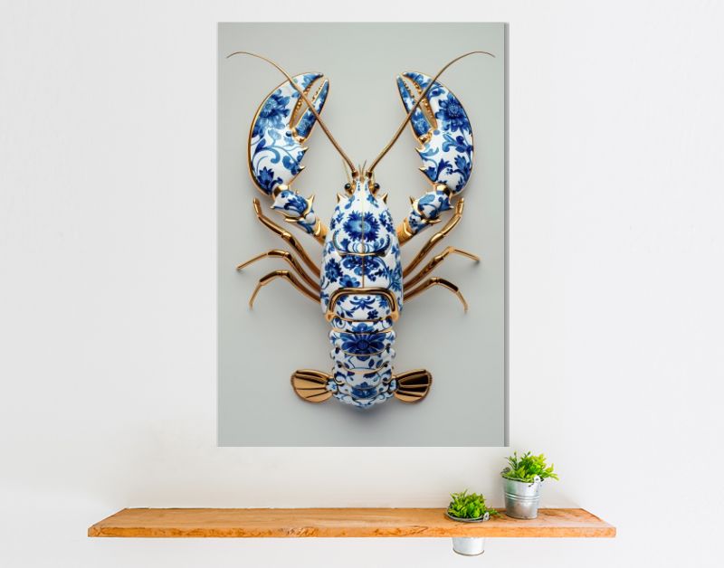 Delfts blauwe kreeft met goud op zacht salie