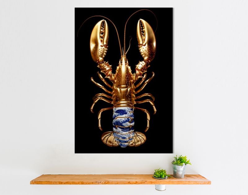 Golden lobster delft blue on black