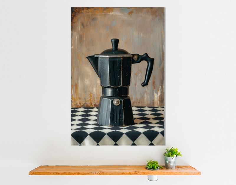 Koffie percolator zwart op geruit tafelkleed