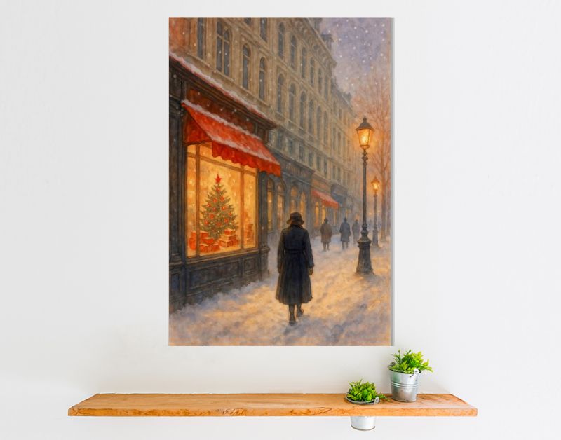 Kerstavond in de stad met verlichte etalage