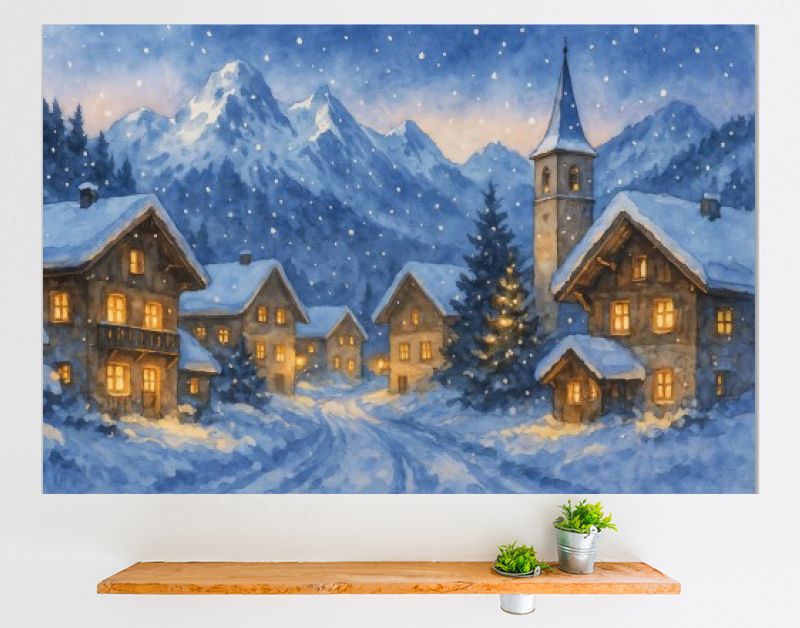 Winters Alpen­dorp met besneeuwde huizen en kerktoren