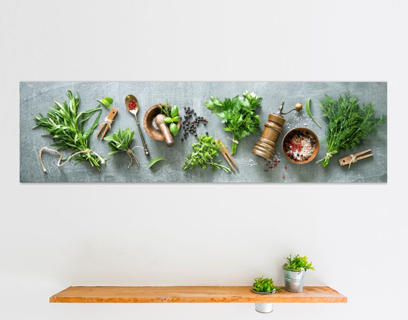 Panoramic background with bunches of fresh garden herbs