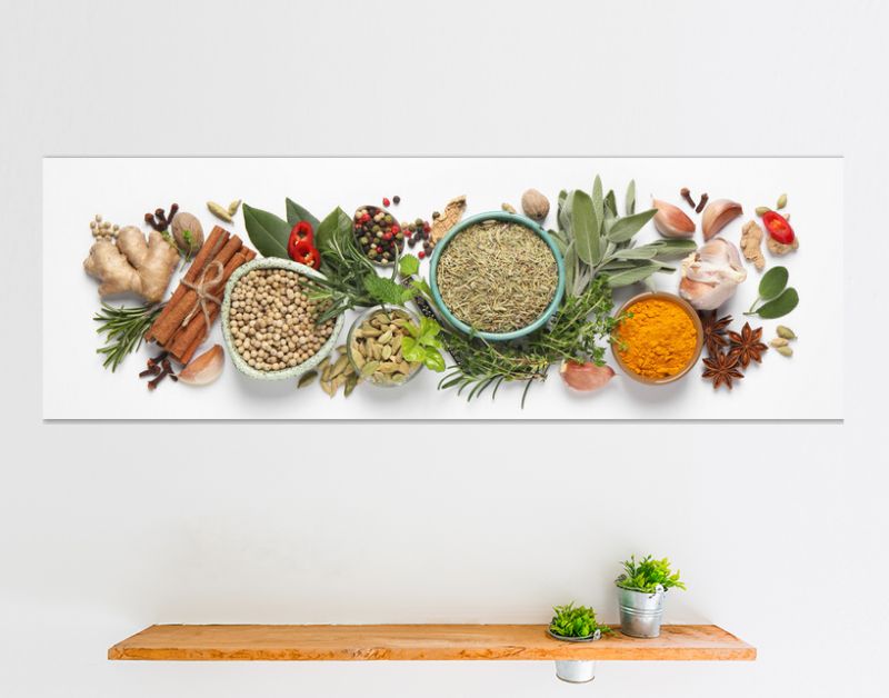 Different fresh herbs and spices on white background, flat lay. Banner design