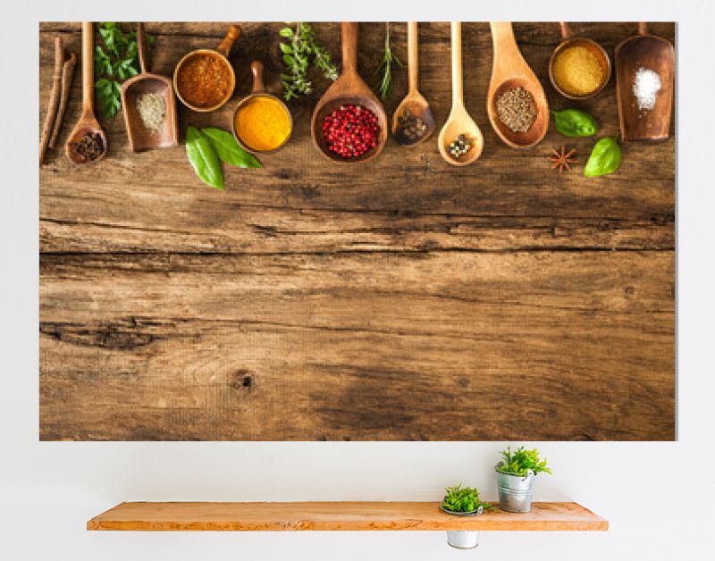 Colorful spices on wooden table