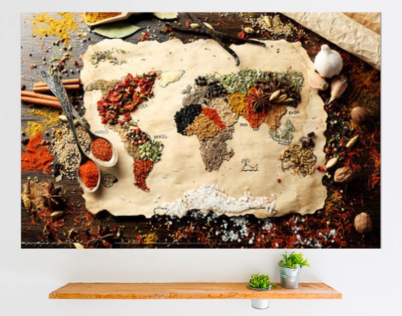 Map of world made from different kinds of spices