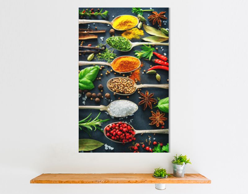 Various herbs and spices on dark background