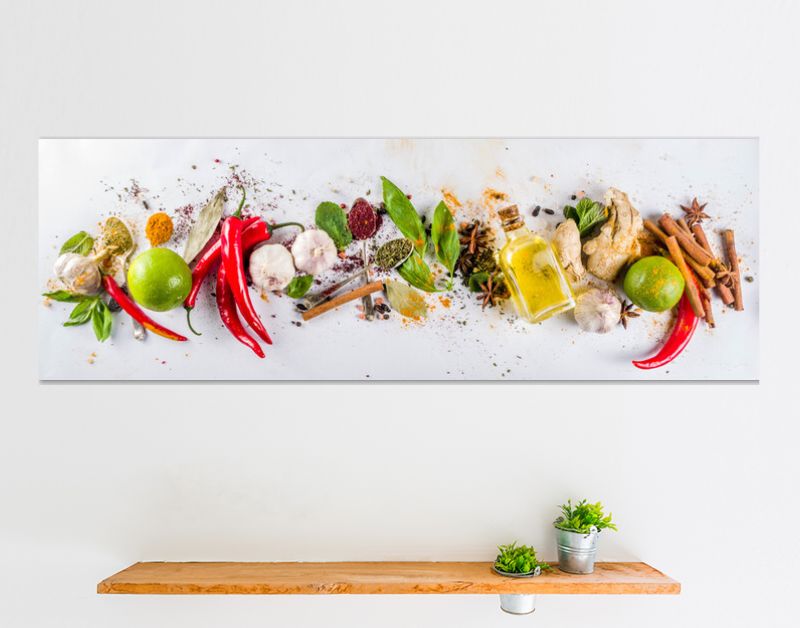 Various herbs and spices on white background top view copy space