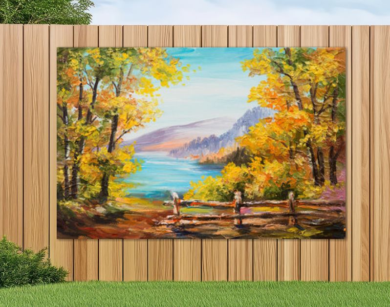 Landschap met olieverfschilderij - kleurrijk herfstbos, bergmeer, impressionisme