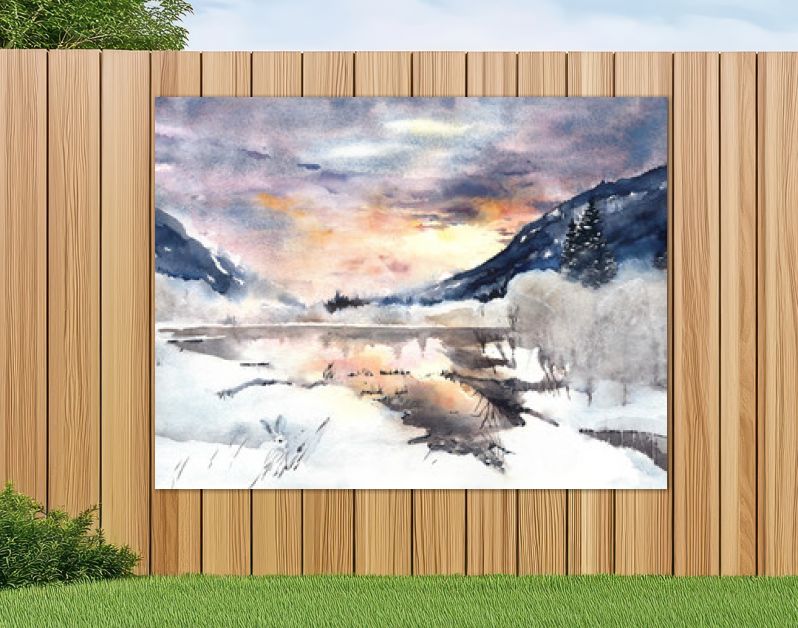 Winterlandschap bergen meer sneeuw aquarel schilderen