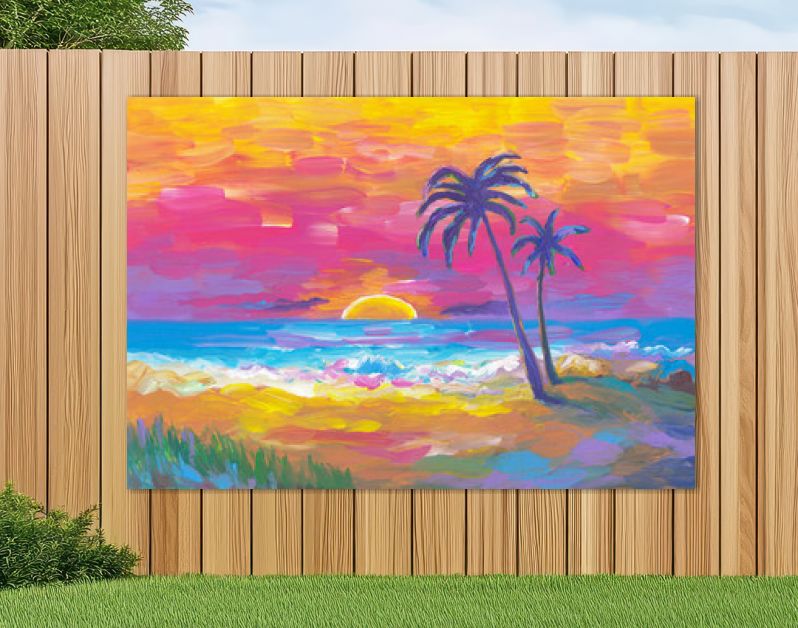 Palmenstrand, zonsondergang, zand, oceaan. Kust landschap. Abstract olieverfschilderij