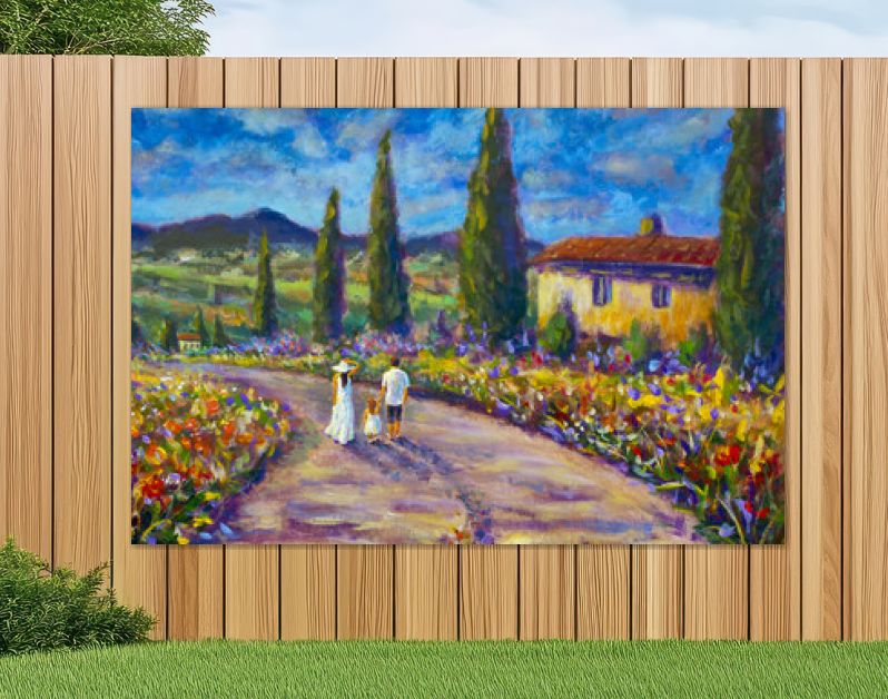 Impressionisme kunst schilderij gelukkige familie in witte kleren wandelen langs de weg. Vader, moeder en dochter zijn op weg van het Italiaanse Toscaanse natuurlandschap van de zomer. Cipressen, rode bloemen,