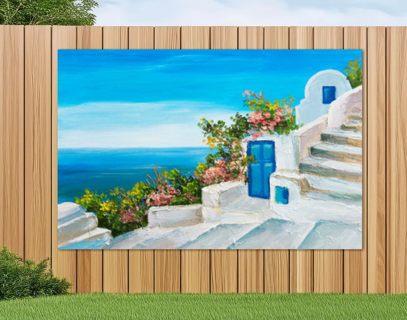 olieverfschilderij - huis in de buurt van de zee, kleurrijke bloemen, zomerzeegezicht