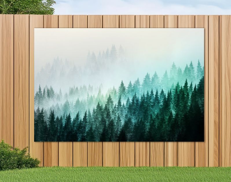 Bomen in ochtendmist. Digitaal schilderij..