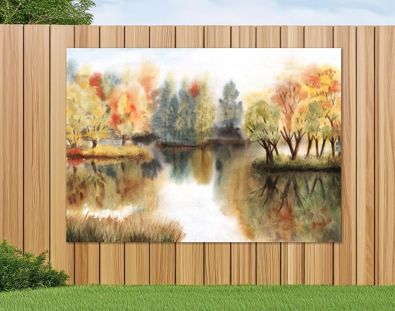 Aquarel herfstlandschap met bomen op eilanden en hun reflecties in een meer