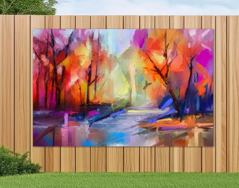 Olieverf schilderij kleurrijke herfst bomen. Semi abstract beeld van bos, landschappen met geel - rood blad en meer. Herfst, herfst seizoen natuur achtergrond. Met de hand geschilderd impressionistisch, buitenlandschap