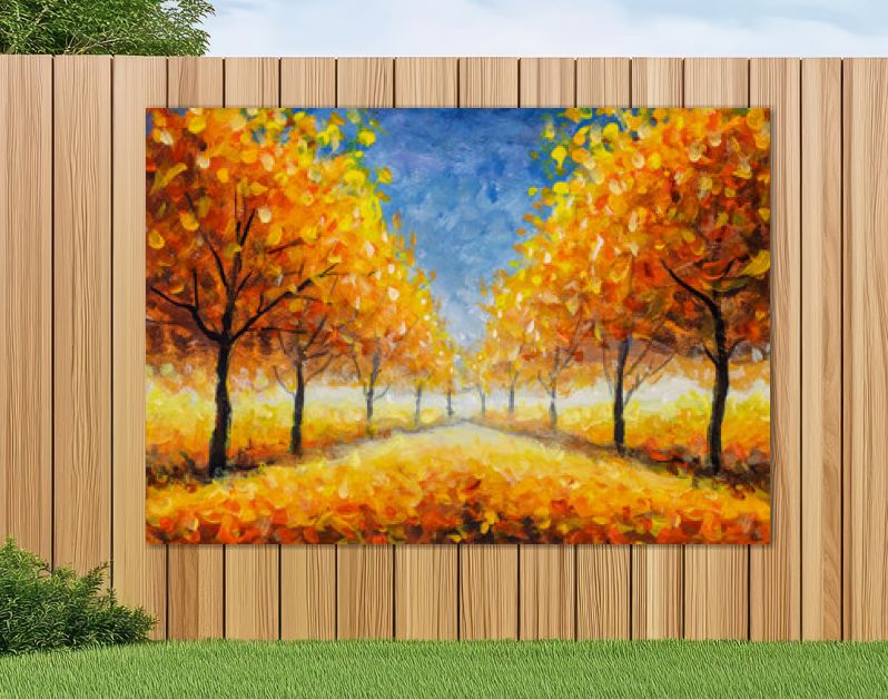Herfst impressionisme olieverf landschap verf kunst. Goudoranje herfstboom park steegje bos hout met blauwe lucht