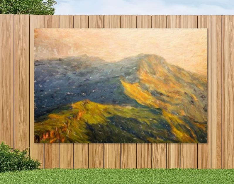 Digitale bergen bekijken olieverfschilderij met echt penseelstreken effect. Hedendaagse impressionistische kunst aan de muur in gemengde stijl. Kracht van de natuurscène. Vakantie ansichtkaarten en prints ontwerp. Schoonheid kunstwerk.