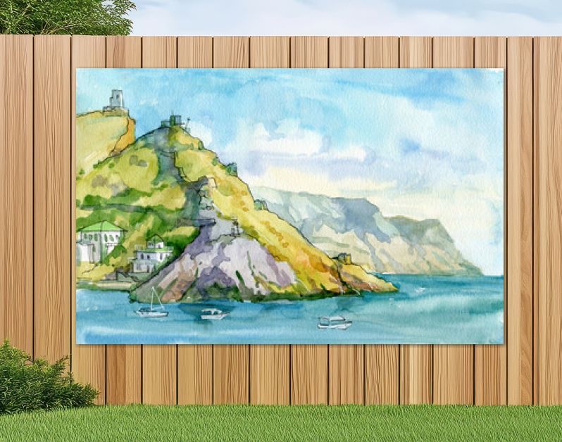 Landschap. Zeegezicht. Waterverf. Zee, rotsen, bergen, haven, schepen. Bivakmuts, Sebastopol, Krim. reizen. Toerisme.