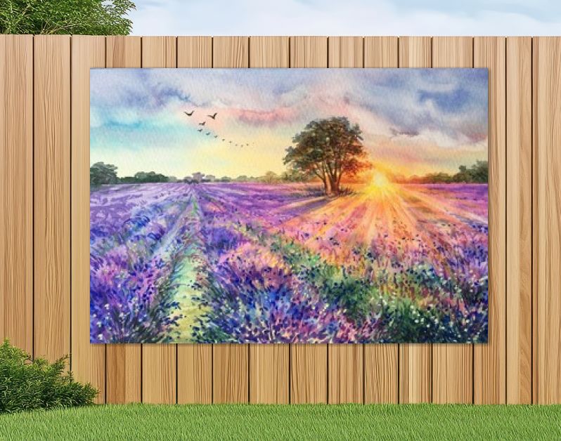 Aquarel lavendelveld. Zonsondergang lavendelveld. Violette achtergrond. Frankrijk Provence. Lente zomer briefkaart banner. Geurige bloemen. Aroma