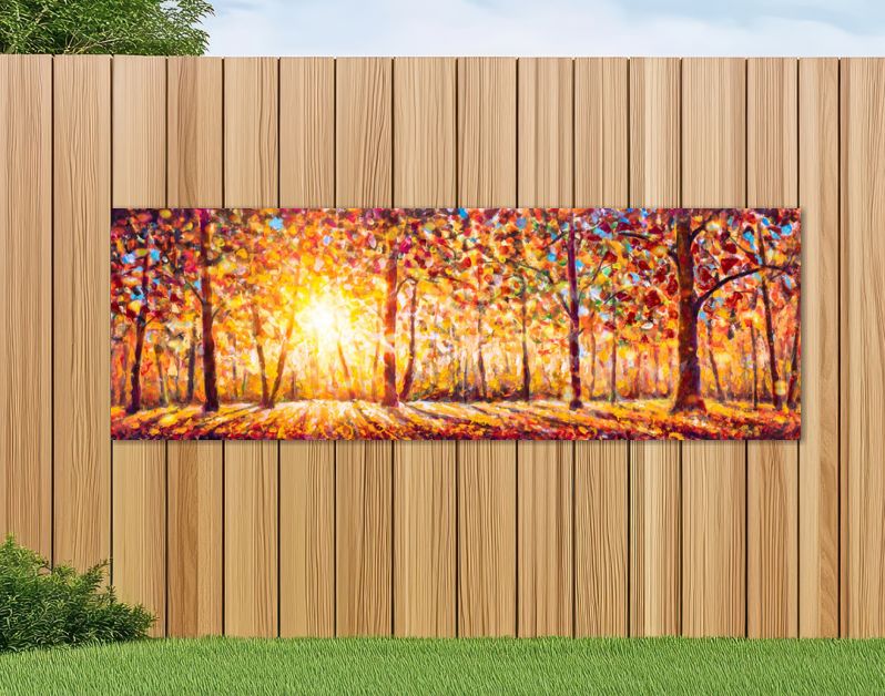 Herfstpanorama. Origineel olieverfschilderij op canvaskunst. Zonnige herfst bos bomen. Modern impressionisme. Herfst goud geel oranje rood bomen park in zonlicht landschap kunstwerk acryl schilderen
