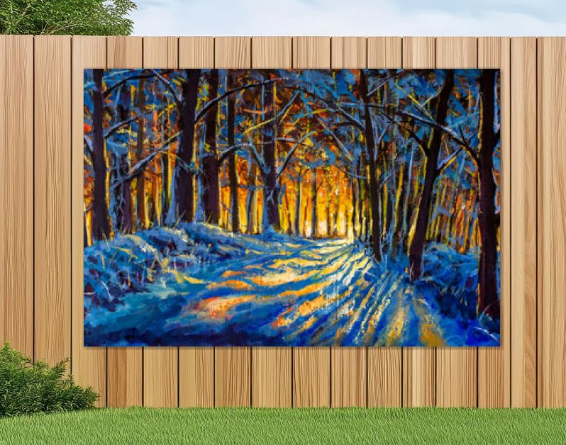 Olieverfschilderij met acryl aquarel. Winterbos. Zonnige winter bos hout landschap illustratie kunstwerk natuur.