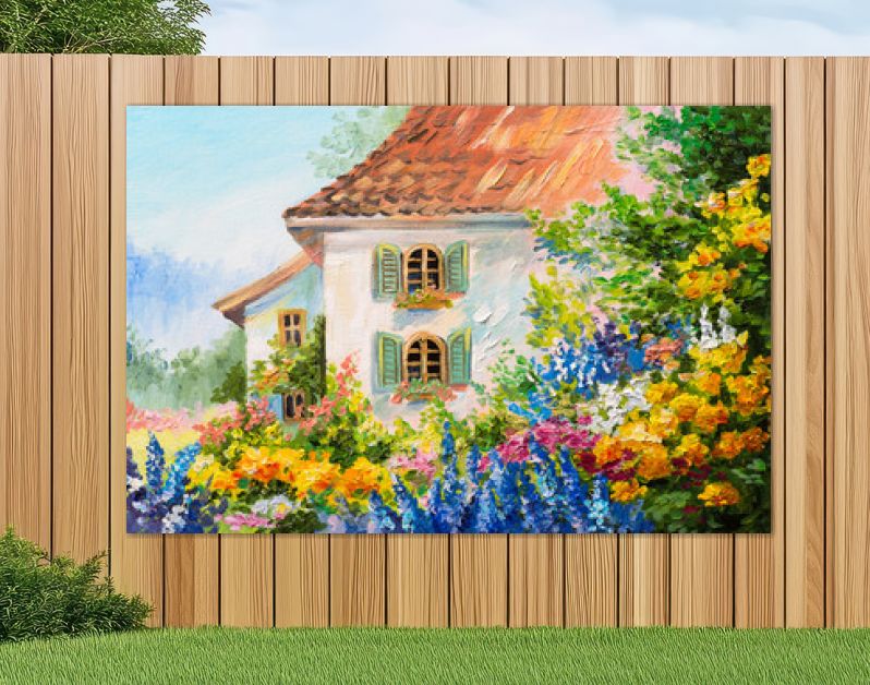 landschap met olieverf, huis in de bloementuin, abstract impressionisme