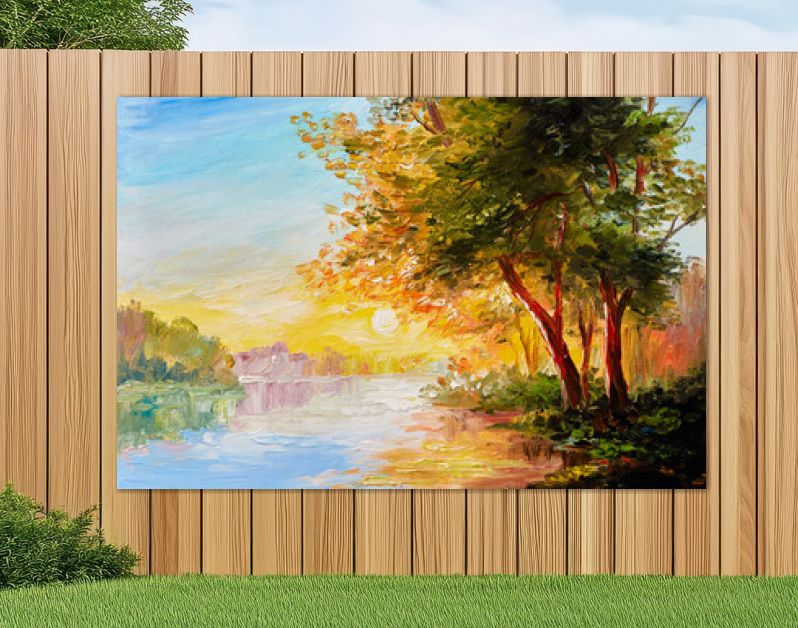 Landschap met olieverfschilderij, rivier in het lentebos met zonsondergang, middag