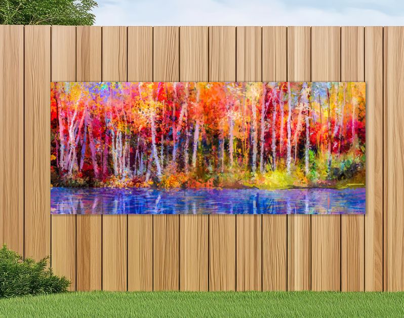 Olieverf schilderij kleurrijke herfst bomen. Semi abstract beeld van bos, espbomen met geel - rood blad en meer. Herfst, herfst seizoen natuur achtergrond. Met de hand geschilderd impressionistisch, buitenlandschap